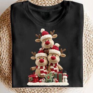 Cute Christmas Shirt, Trendy Crochet Red Nose Reindeer Print Shirt